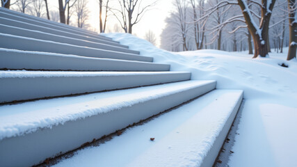 Outdoor snowy stairs covered in fresh snow during cold winter morning
