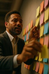 Businessman placing colorful sticky notes on wall, organizing ideas during brainstorming and project planning session.