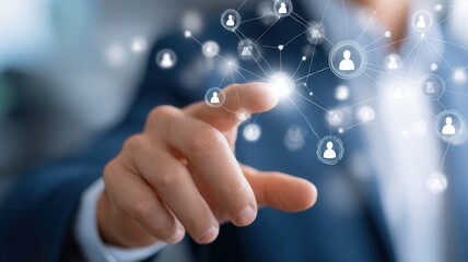 Business person connecting with virtual network person icons, representing global communication and digital technology