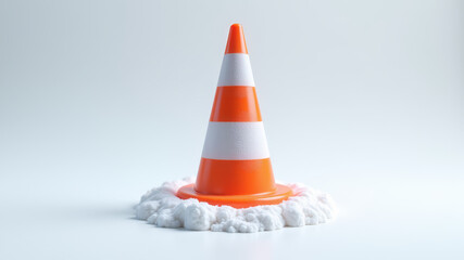 Orange road cone placed in snowy field during cold winter conditions