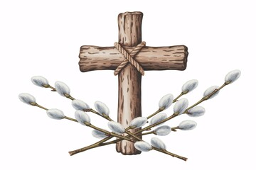 A rustic wooden cross tied with rope and adorned with catkins on white background symbolizing hope and renewal with faith