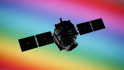 A dark satellite with solar panels extended floats against a vibrant rainbow background.