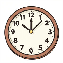 Whimsical hand-drawn wall clock with clean vector lines, brown frame, and bold numerals on a white background