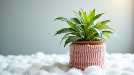Green indoor plant in pot placed on white snowy background