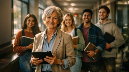 Confident senior teacher with diverse students in a school hallway, education and mentorship concept with copy space.