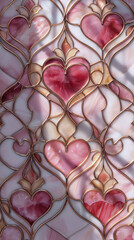 Beautiful stained Glass window with pink and red details and heart shapes for Valentine&rsquo;s Day. Postcard and banner website for Valentine's Day, wedding and romantic details.
