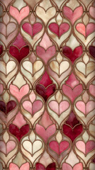 Beautiful stained Glass window with pink and red details and heart shapes for Valentine&rsquo;s Day. Postcard and banner website for Valentine's Day, wedding and romantic details.