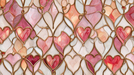 Beautiful stained Glass window with pink and red details and heart shapes for Valentine&rsquo;s Day. Postcard and banner website for Valentine's Day, wedding and romantic details.