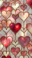 Beautiful stained Glass window with pink and red details and heart shapes for Valentine&rsquo;s Day. Postcard and banner website for Valentine's Day, wedding and romantic details.