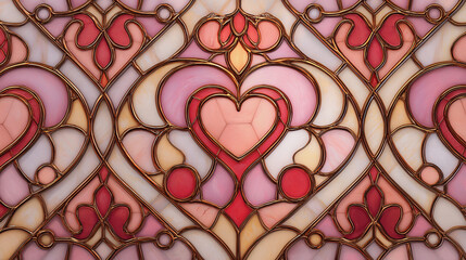 Beautiful stained Glass window with pink and red details and heart shapes for Valentine&rsquo;s Day. Postcard and banner website for Valentine's Day, wedding and romantic details.