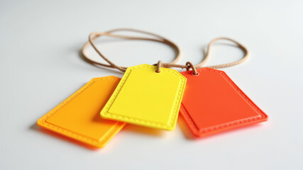 Set of colorful key tags lying on white background for winter storage use