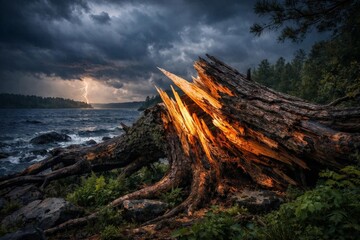 Lightning storm over wild lake with split fallen tree, dramatic weather and nature power.