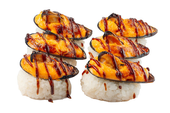 Baked mussels with melted mozzarella cheese and savory sauce, served on a compact rice base isolated on white background.