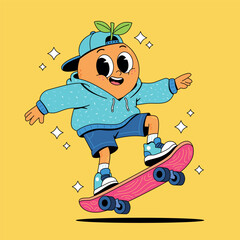 Cartoon Orange Fruit Skateboarding