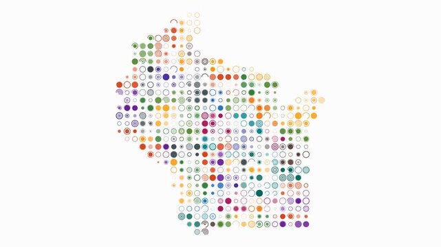 Wisconsin animated shape. Pulsating colored dots on the map of the state. Large size circle blocks. Digital style Wisconsin map on white background. Beautiful animation video.