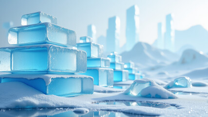 Crystal clear stacked ice cubes with frosty glow and winter ambiance