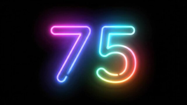 Neon Number 75 Glows in the Dark, Colorful Light Display.