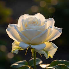 Perfect white rose blooming in garden bathed in warm morning light soft bokeh background