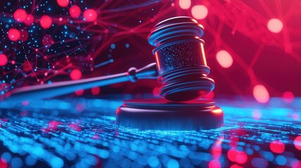 Gavel representing digital law, regulating cybersecurity, artificial intelligence, and data privacy era a technological