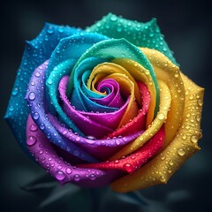 Vibrant rainbow rose flower with colorful petals and fresh water droplets in macro detail