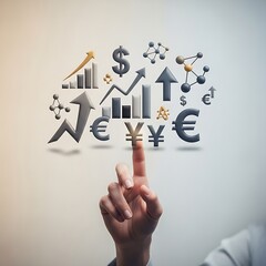 Businessperson touching holographic financial market data display with various currency symbols