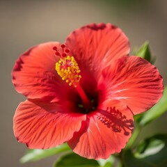 Vibrant red hibiscus flower blooming in tropical garden with bright yellow stamen