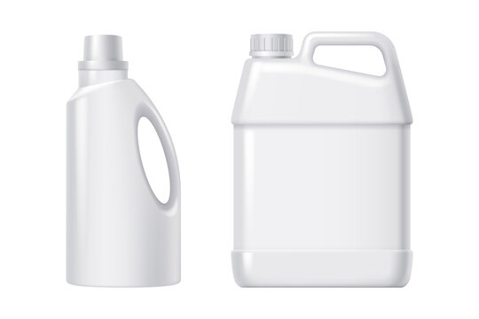 Blank white plastic detergent bottle and gallon jerry can containers for packaging mockup design, clean minimalist industrial style isolated illustration