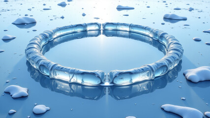 Perfect circular ice ring laying on frozen surface in winter landscape