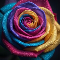 Colorful rainbow rose with water droplets, vibrant petals in multiple shades, exquisite beauty