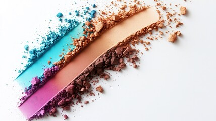 Cosmetic powder swatches creating diagonal colorful streaks, crushed beauty makeup product texture on white background