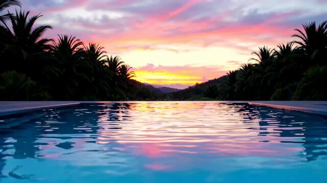 Pool and palm tree view at sunset