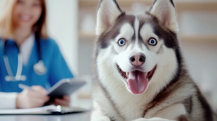 Happy husky dog receiving vet check up, female veterinarian providing compassionate pet healthcare