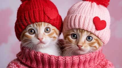 Adorable orange kittens in matching pink sweaters and valentine's day hats with heart decoration looking directly with cute