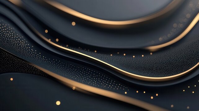 Abstract elegant wave background featuring dark grey flowing layers with golden lines and shimmering tiny light effects - Powered by Adobe