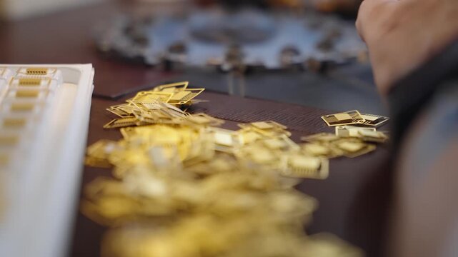 Close-up of gold-plated microelectronic lead frames scattered on a workbench beside a precision rotary fixture, highlighting delicate manufacturing and assembly processes