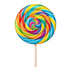 Colorful swirl lollipop with rainbow stripes, on a stick, set on a plain white background