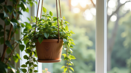 Hanging potted plant near window with sunlight streaming into room