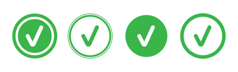 Green Check Mark Icons , Variations of Approval and Completion Symbols in Circular Silhouette Style