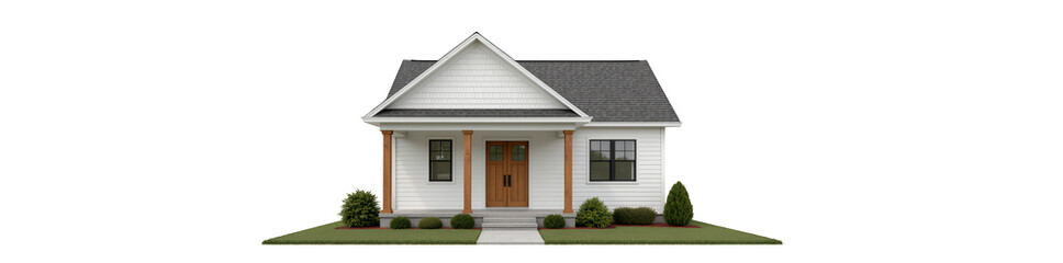 Modern house design with white exterior, wooden accents, and welcoming front porch. Lush greenery surrounds property, enhancing its charm