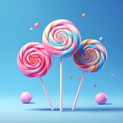 Colorful swirled lollipops float on blue background with scattered spheres, creating a sweet, whimsical scene
