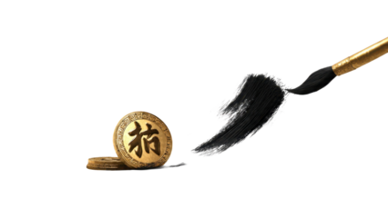 Chinese coins with calligraphy and brush stroke