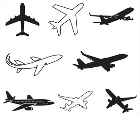 Collection of black and white airplane silhouettes and outline sketches on white background