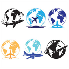 Collection of six airplane and globe travel logos representing global transportation and tourism