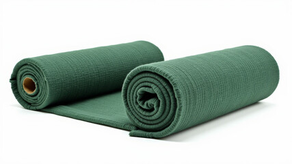 Two rolled green yoga mats placed on white background for fitness theme