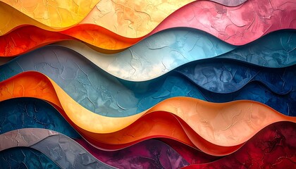 Colorful, textured waves cascade, with varied hues and tactile, impasto-like surfaces, creating a vibrant, abstract artwork