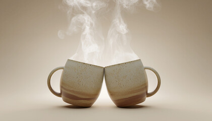 Steaming hot beverage cups clinking together with a warm, inviting feel