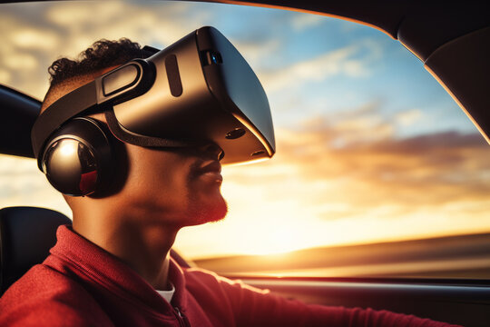 Portrait of a person wearing virtual reality goggles whilst driving a car - Powered by Adobe