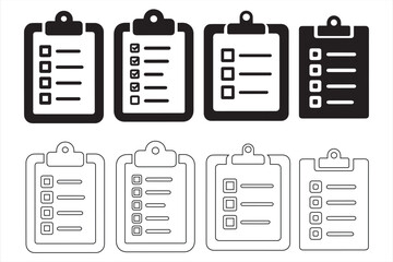 Set of eight black and white clipboard checklist icons for task management and organization