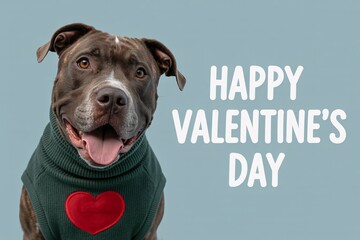 Happy valentine's day dog portrait with heart wearing green sweater on gray background with valentines and love with festive