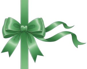 Shiny green bow on vertical ribbon stripe for packaging design